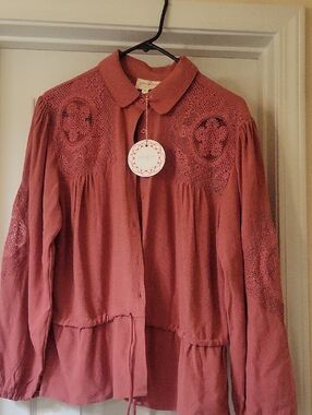 Umgee Rust Lace-Yoke Button Front Blouse